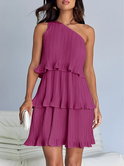 One Shoulder Pleated Ruffled Tiered Mini Dress