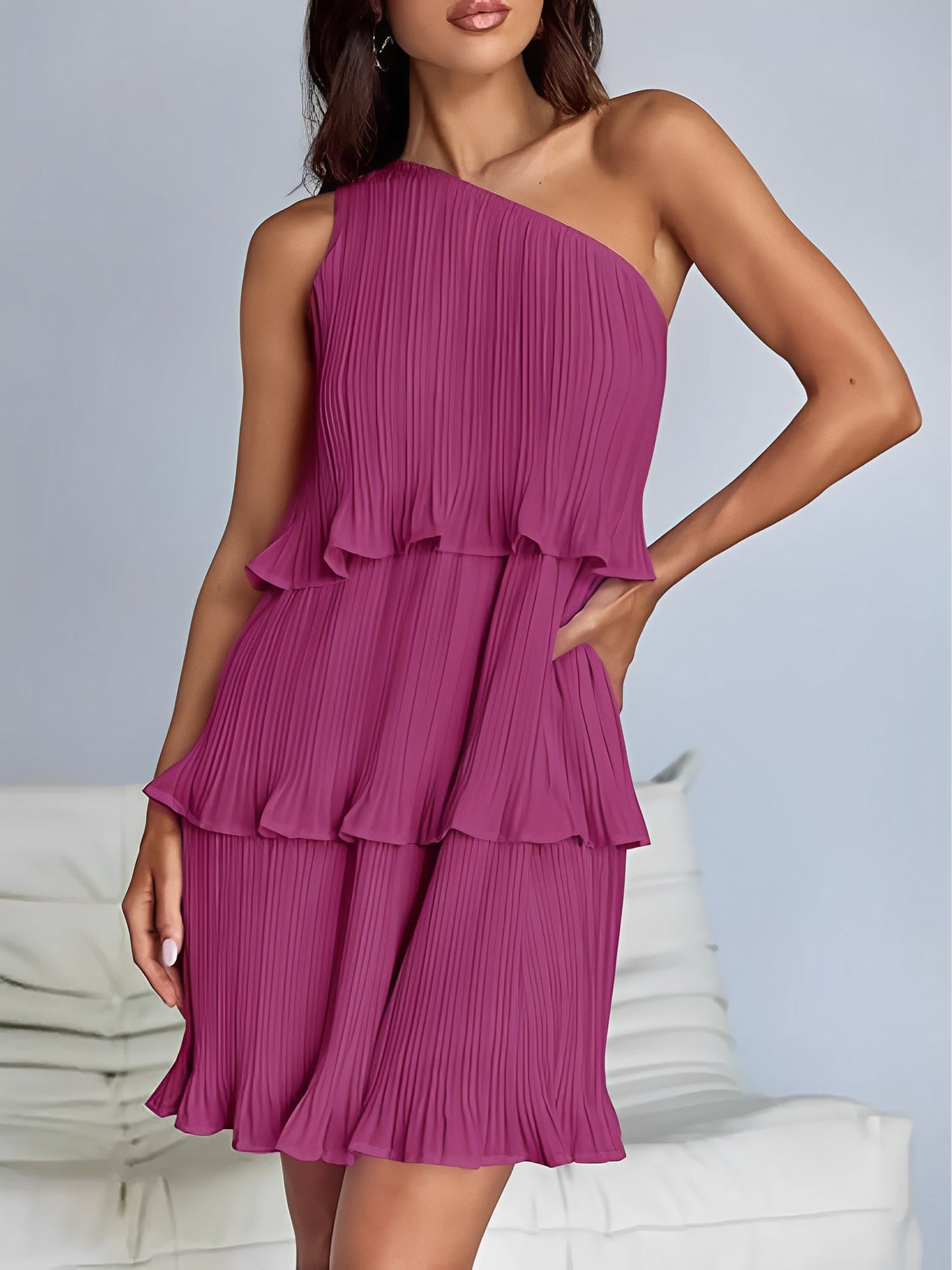 One Shoulder Pleated Ruffled Tiered Mini Dress