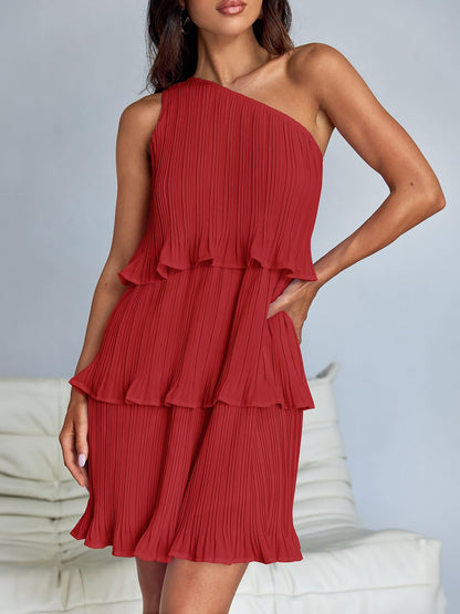 One Shoulder Pleated Ruffled Tiered Mini Dress