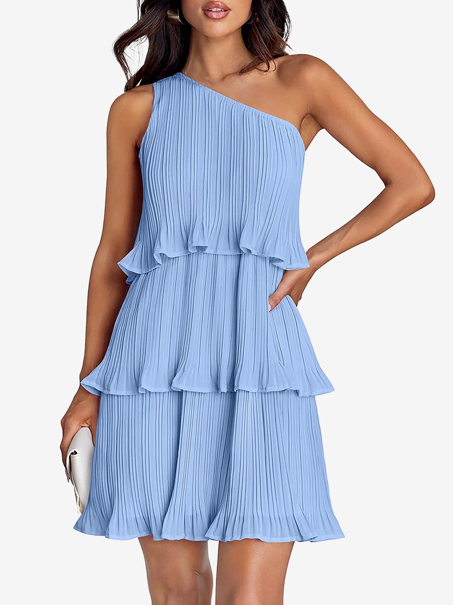 One Shoulder Pleated Ruffled Tiered Mini Dress