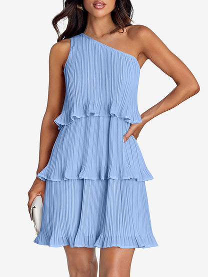 One Shoulder Pleated Ruffled Tiered Mini Dress