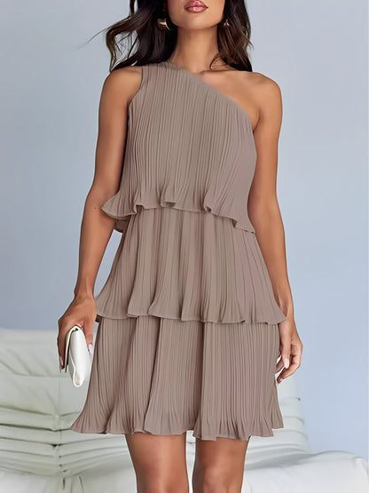 One Shoulder Pleated Ruffled Tiered Mini Dress