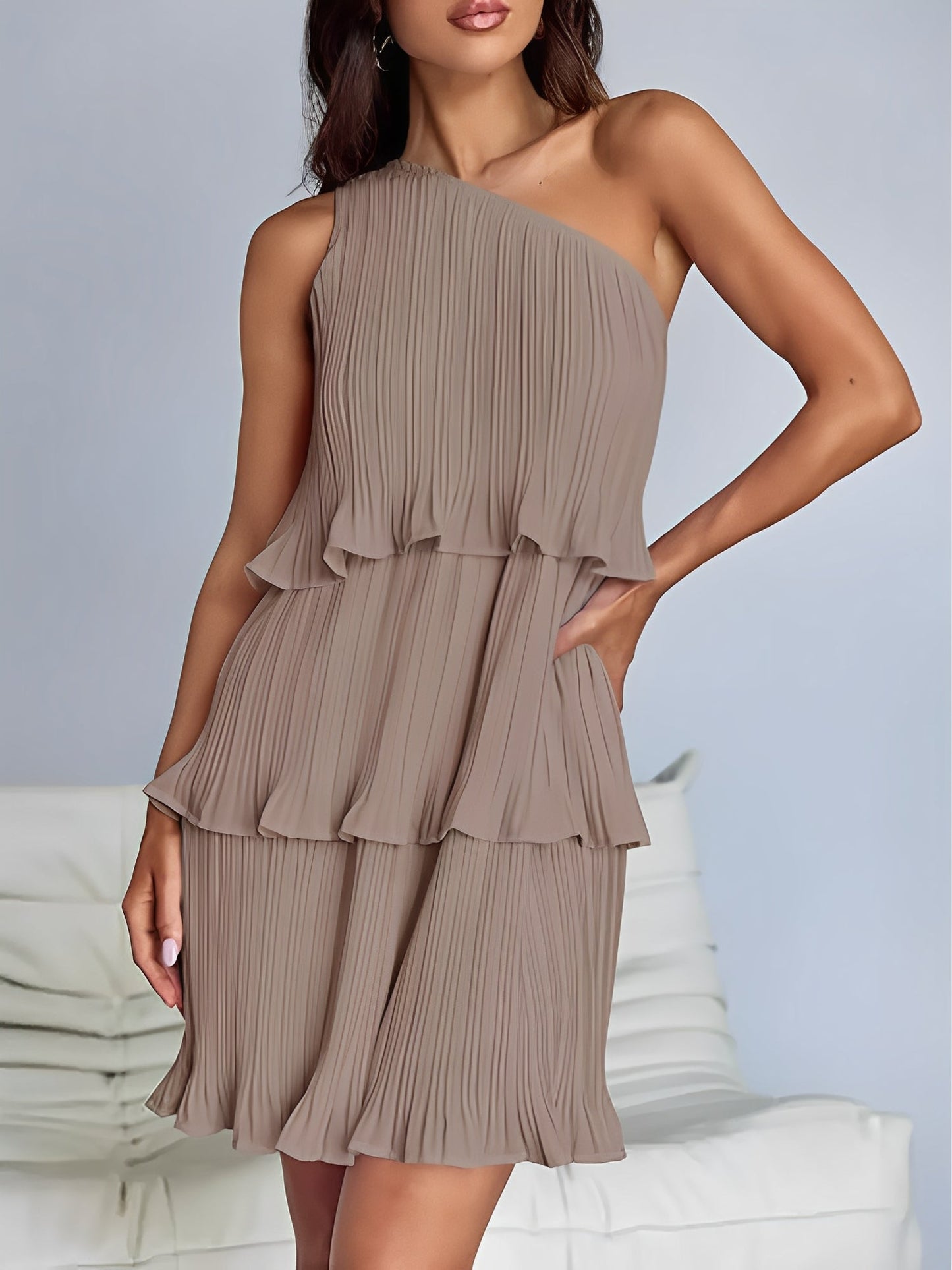 One Shoulder Pleated Ruffled Tiered Mini Dress