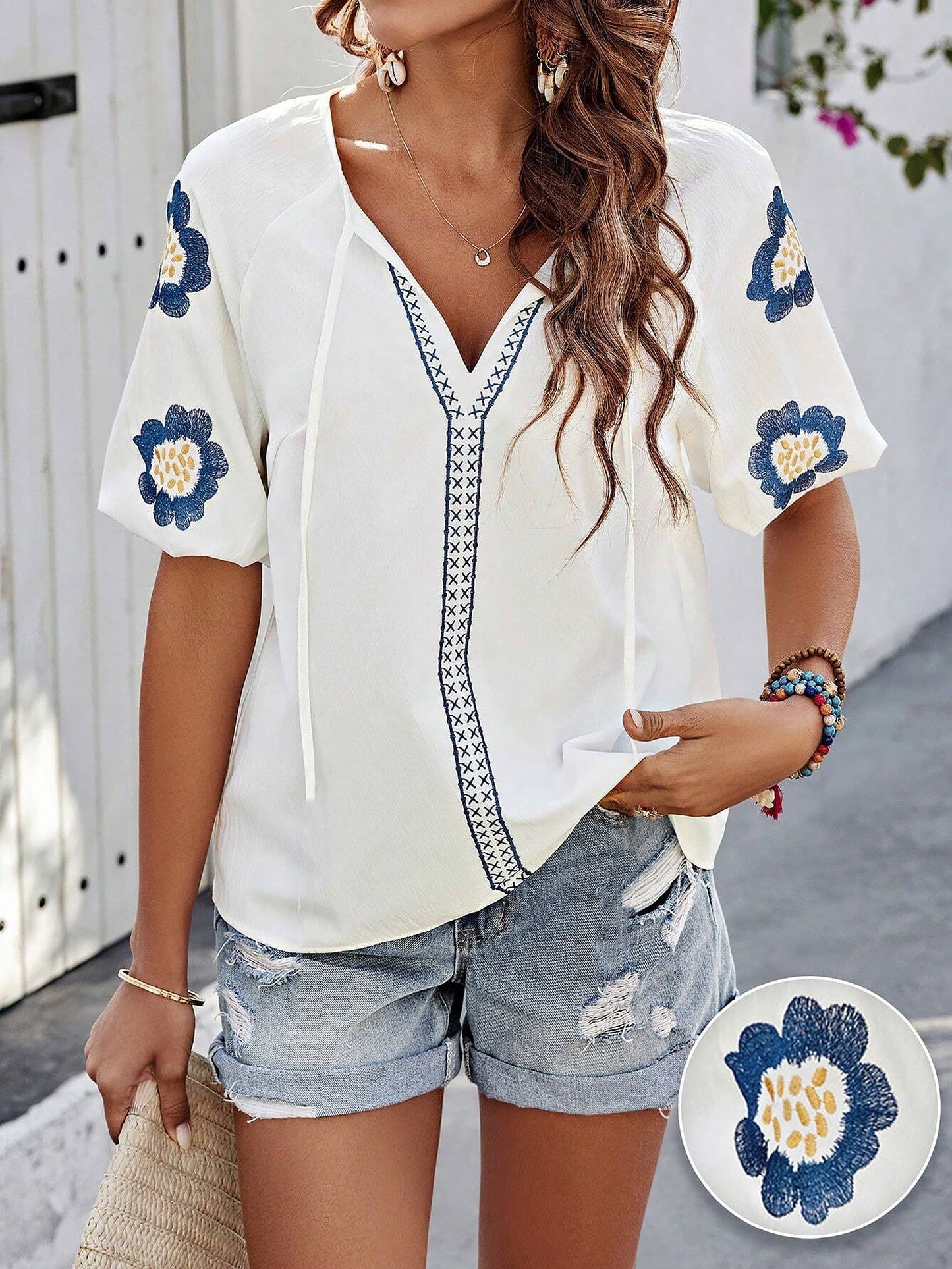 Embroidery Floral Puff Sleeves Casual Blouse