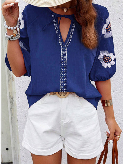 Embroidery Floral Puff Sleeves Casual Blouse