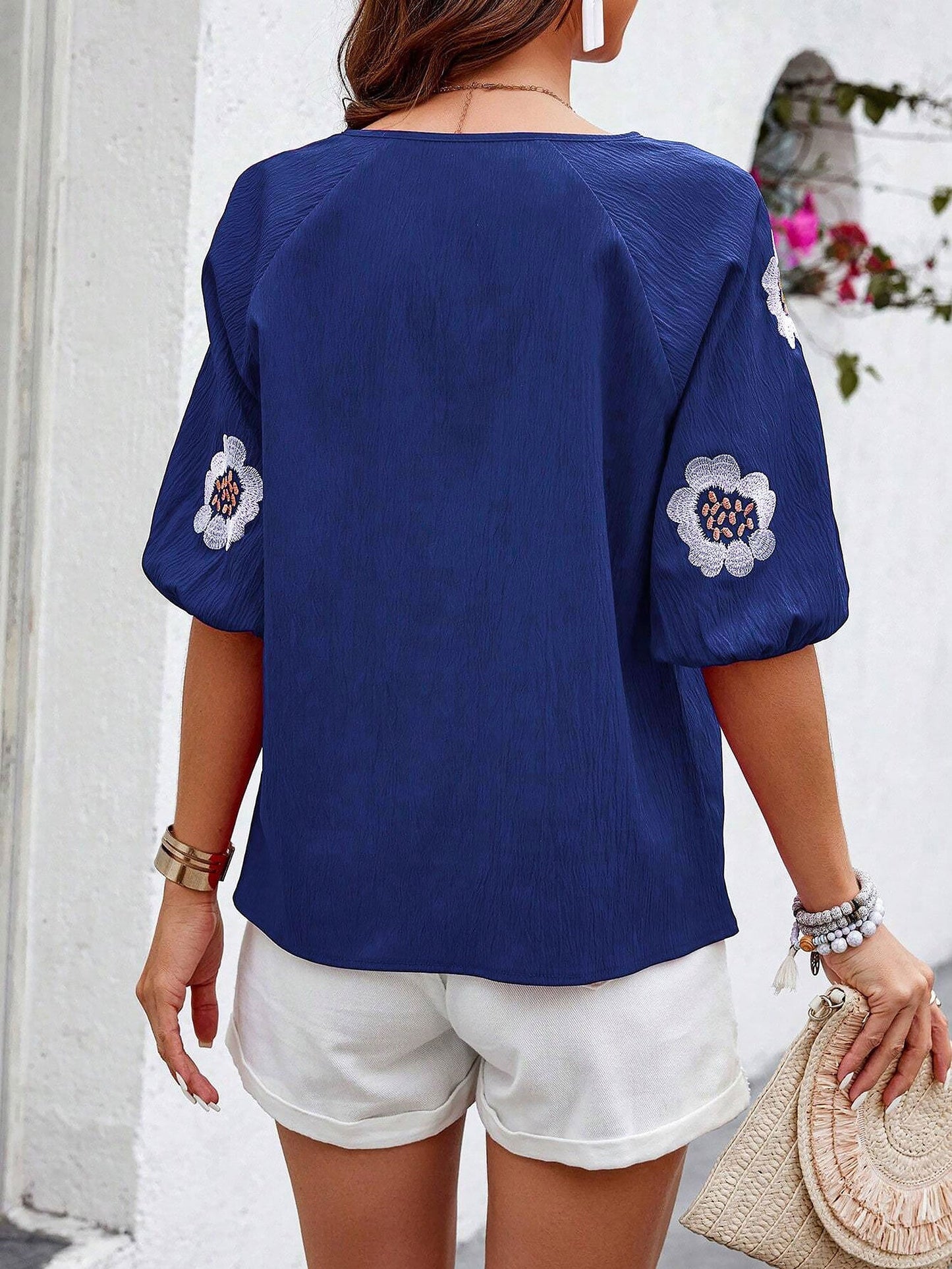 Embroidery Floral Puff Sleeves Casual Blouse