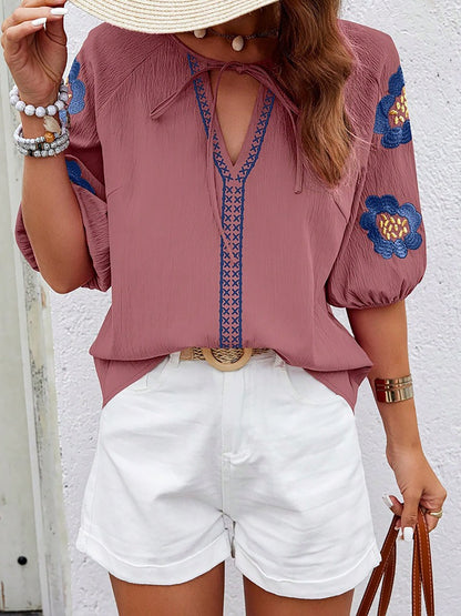 Embroidery Floral Puff Sleeves Casual Blouse