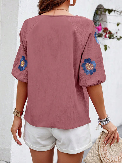 Embroidery Floral Puff Sleeves Casual Blouse