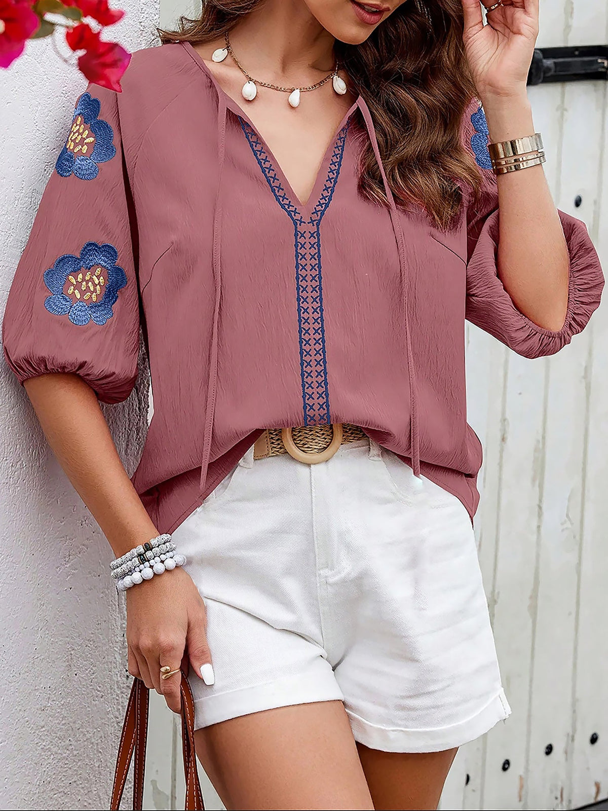 Embroidery Floral Puff Sleeves Casual Blouse
