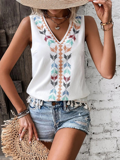 Boho Embroidered Tassled Sleeveless Blouse
