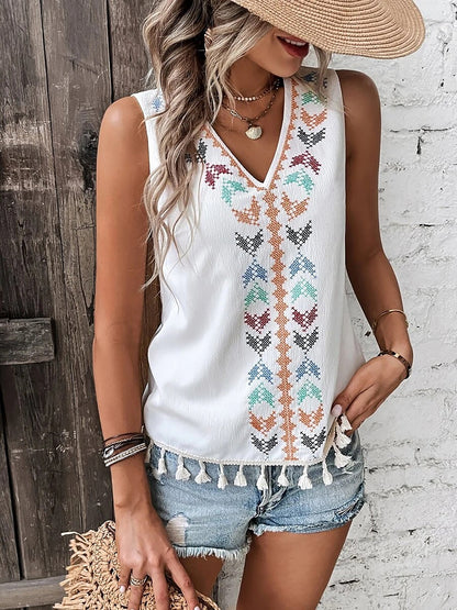 Boho Embroidered Tassled Sleeveless Blouse