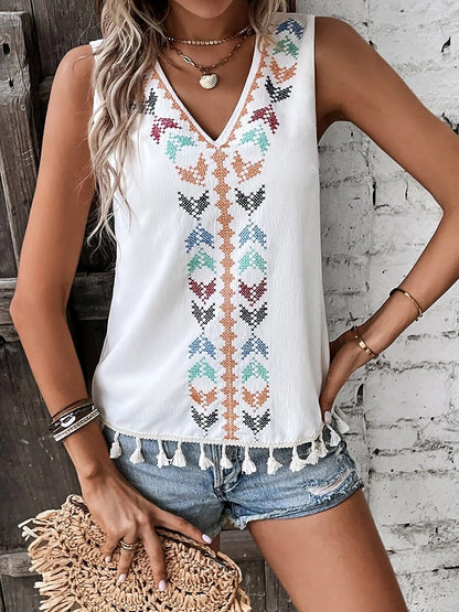 Boho Embroidered Tassled Sleeveless Blouse