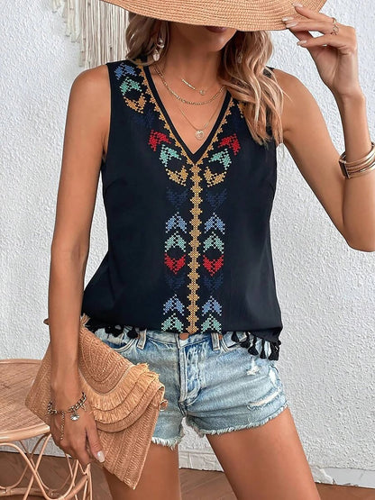Boho Embroidered Tassled Sleeveless Blouse