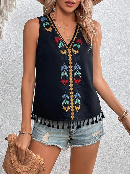 Boho Embroidered Tassled Sleeveless Blouse