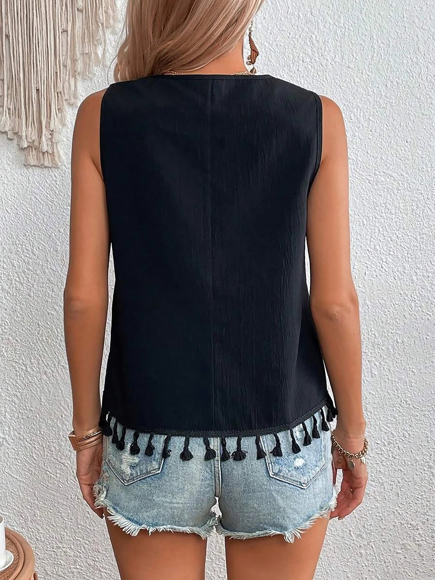 Boho Embroidered Tassled Sleeveless Blouse