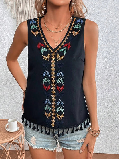Boho Embroidered Tassled Sleeveless Blouse