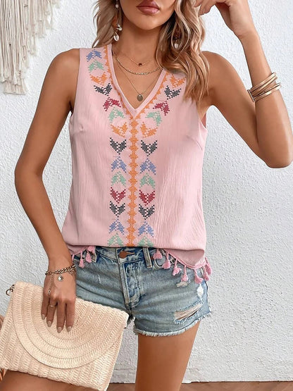 Boho Embroidered Tassled Sleeveless Blouse