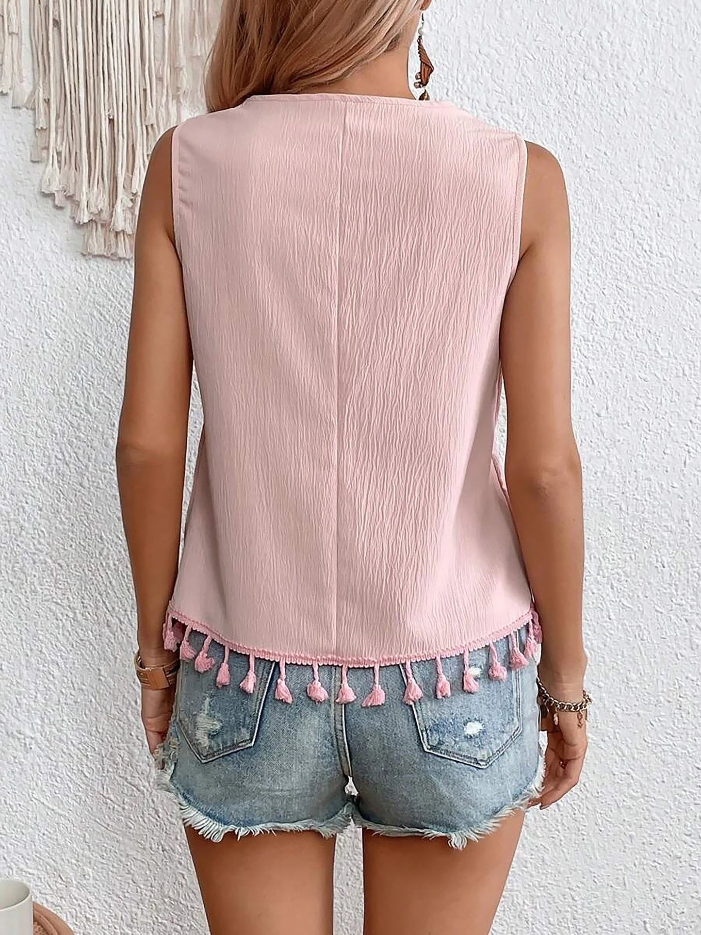Boho Embroidered Tassled Sleeveless Blouse
