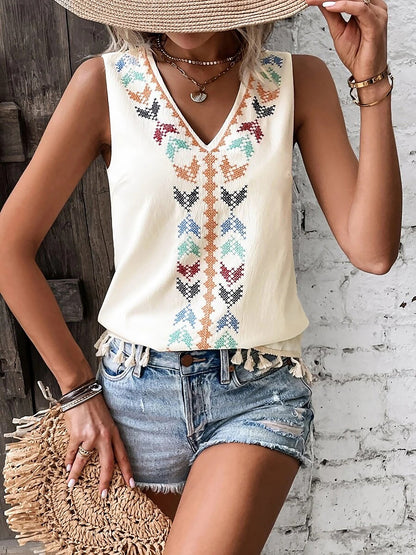 Boho Embroidered Tassled Sleeveless Blouse