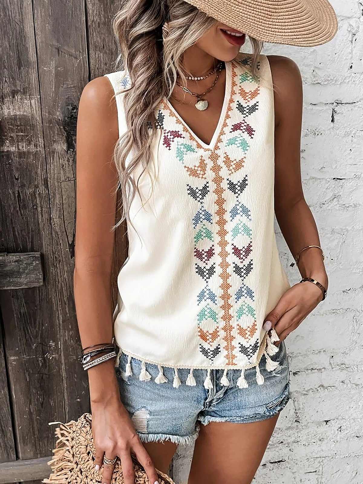 Boho Embroidered Tassled Sleeveless Blouse