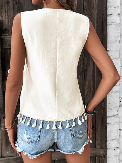 Boho Embroidered Tassled Sleeveless Blouse