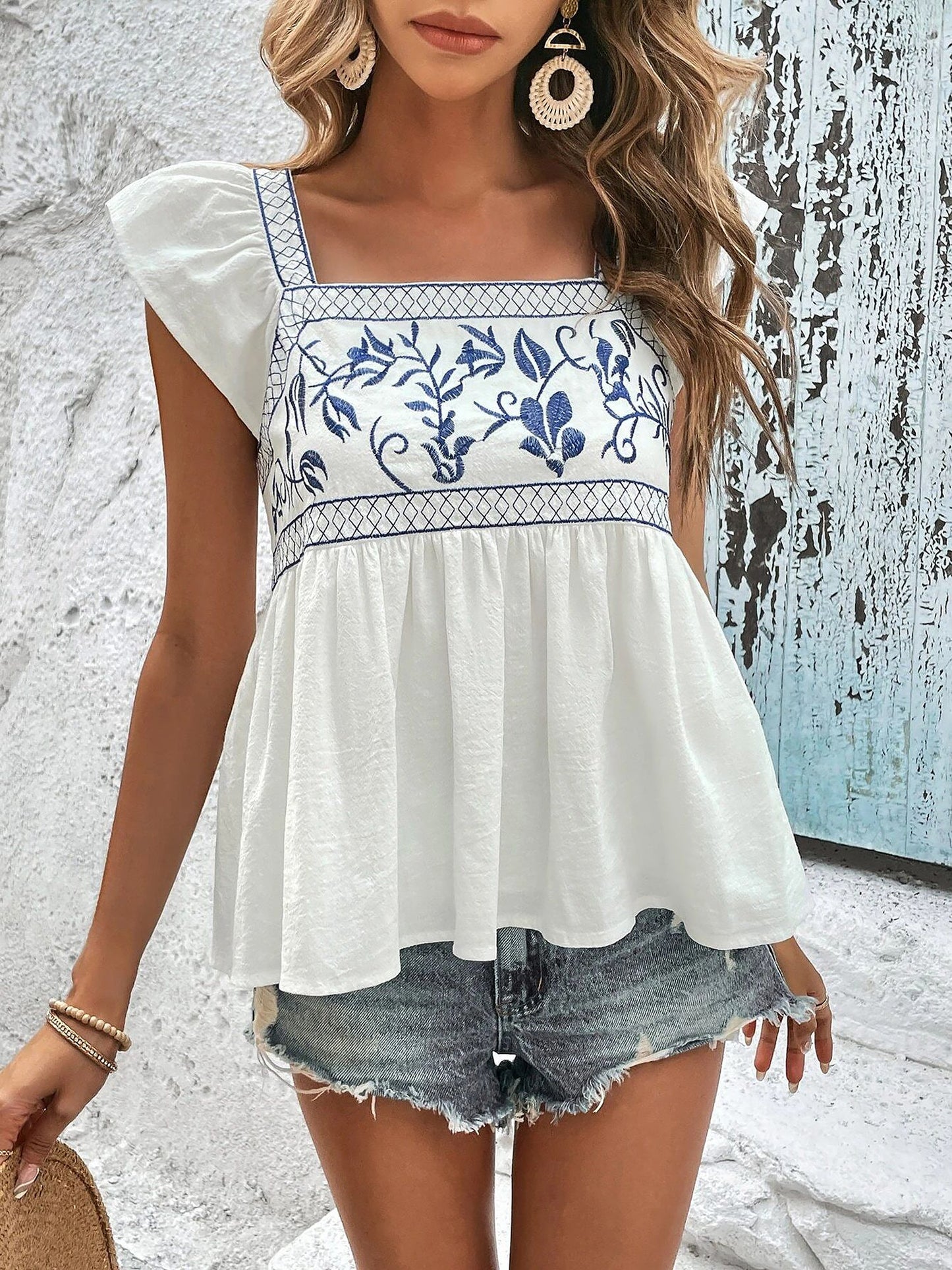 Embroidered Floral Cap Sleeves Babydoll Blouse