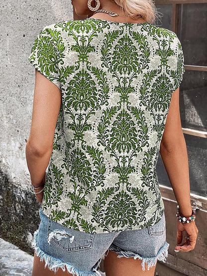 Boho Printed V Neck Short Sleeve Casual Blouse
