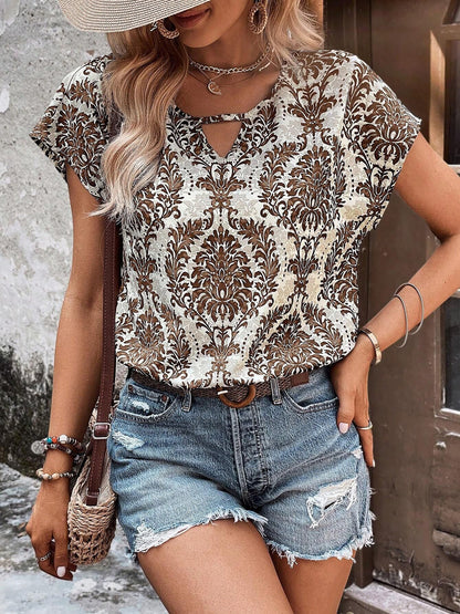 Boho Printed V Neck Short Sleeve Casual Blouse