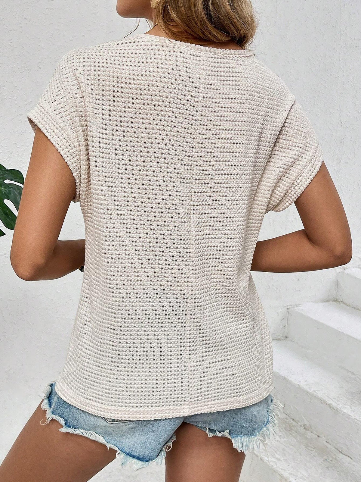 Round Neck Short Sleeves Eyelet Casual Blouse