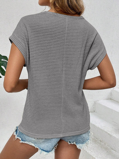 Round Neck Short Sleeves Eyelet Casual Blouse