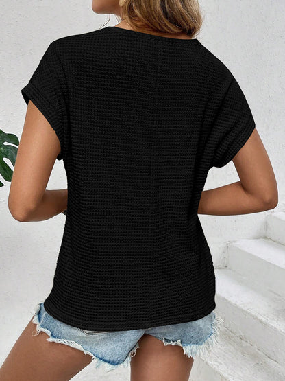 Round Neck Short Sleeves Eyelet Casual Blouse