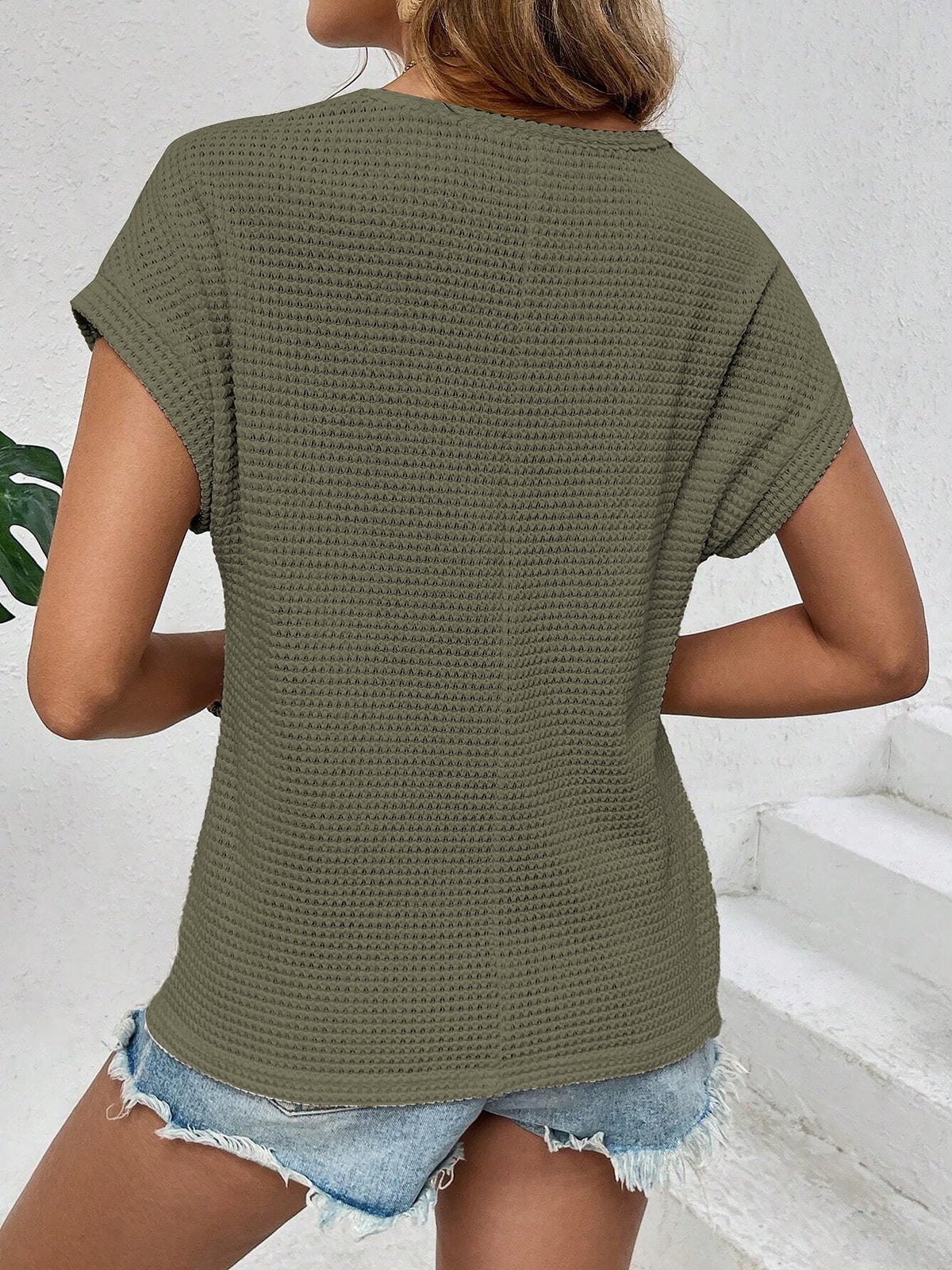 Round Neck Short Sleeves Eyelet Casual Blouse
