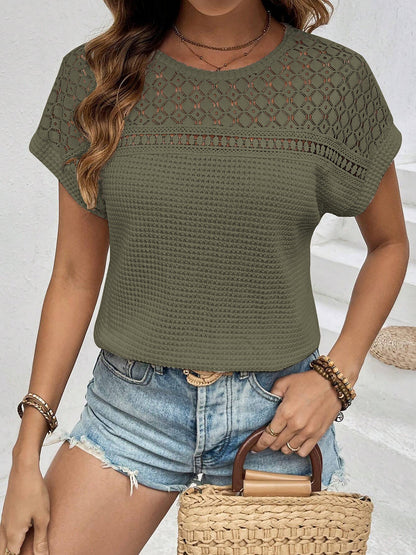 Round Neck Short Sleeves Eyelet Casual Blouse