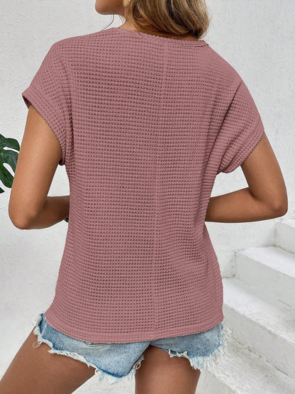 Round Neck Short Sleeves Eyelet Casual Blouse