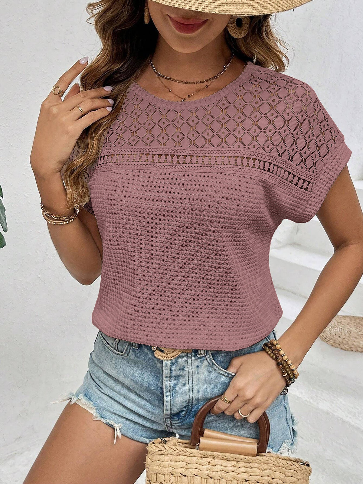 Round Neck Short Sleeves Eyelet Casual Blouse
