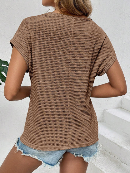 Round Neck Short Sleeves Eyelet Casual Blouse