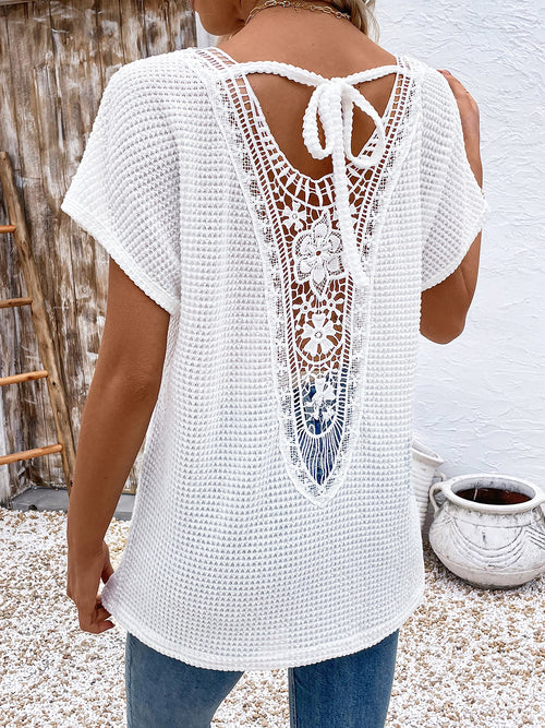 V Neck Short Sleeves Back Lace Decor Blouse