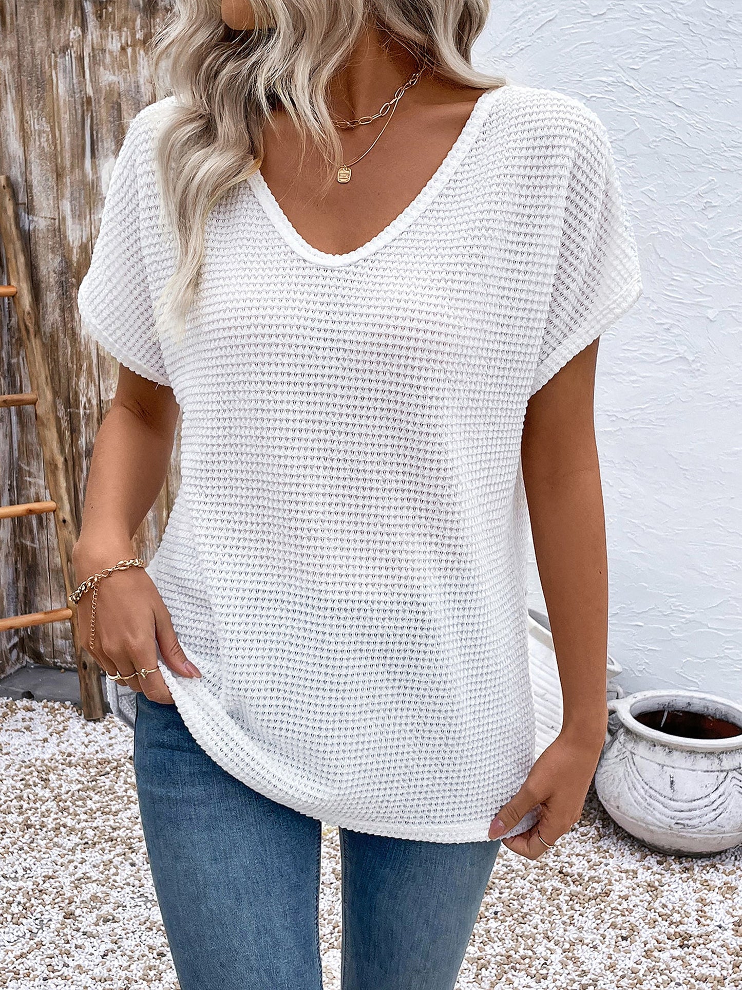 V Neck Short Sleeves Back Lace Decor Blouse