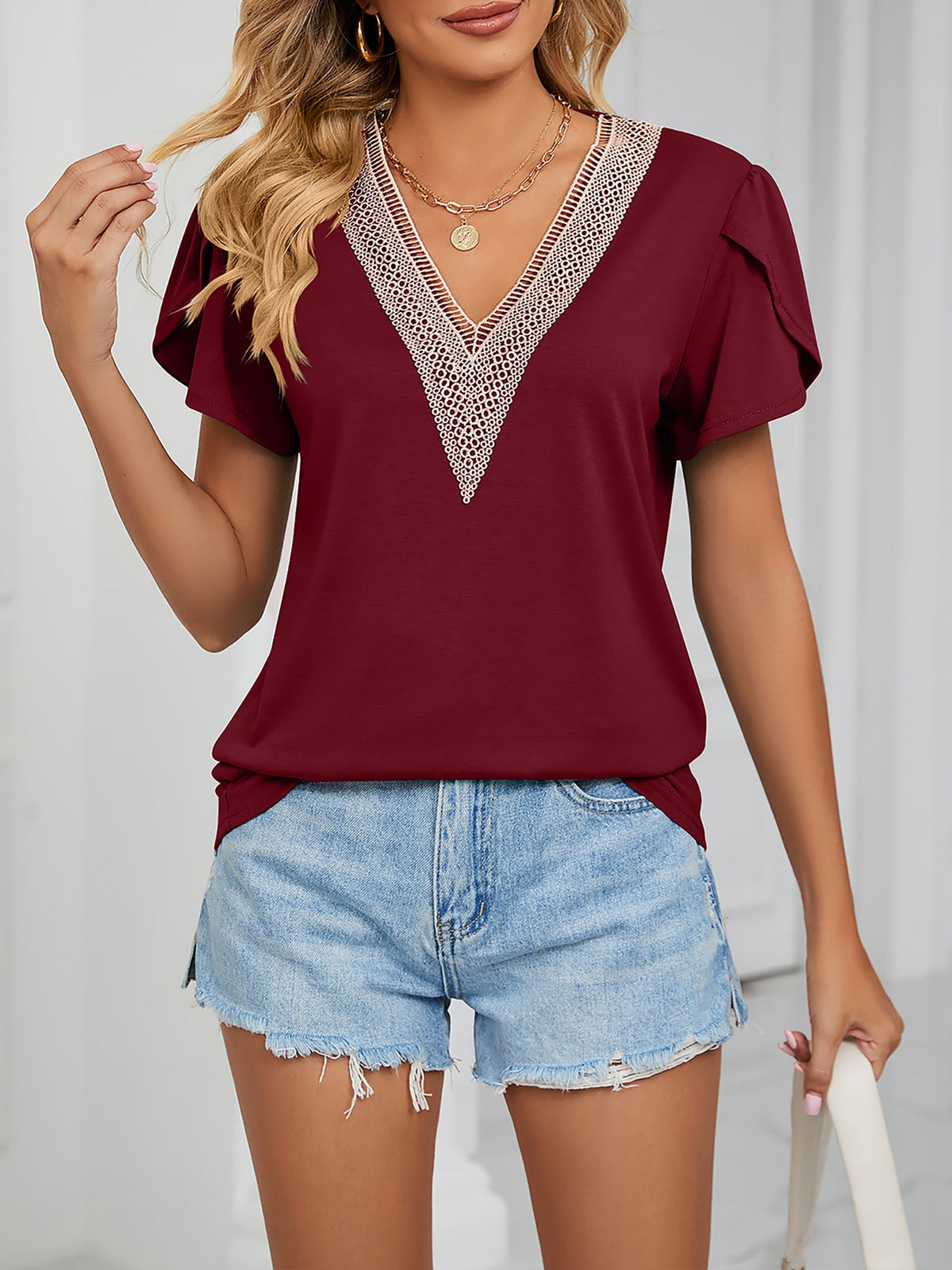 Lace Trim V Neck Short Sleeves Casual Blouse
