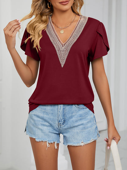 Lace Trim V Neck Short Sleeves Casual Blouse
