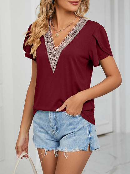 Lace Trim V Neck Short Sleeves Casual Blouse