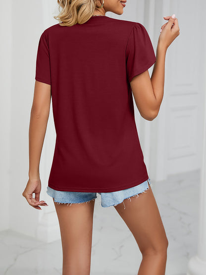 Lace Trim V Neck Short Sleeves Casual Blouse