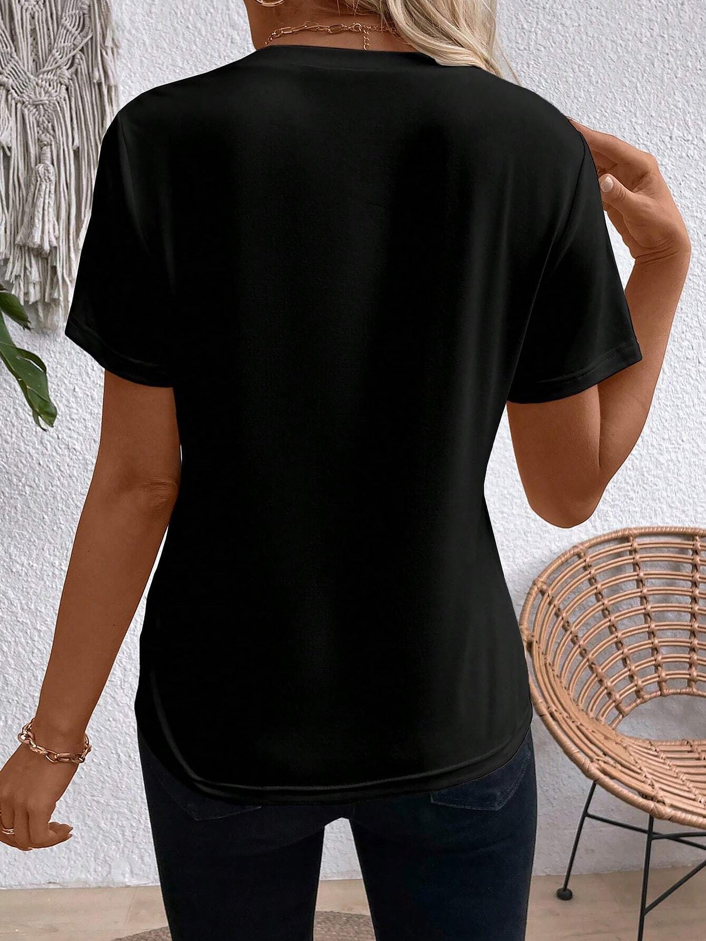 Solid Color Round Neck Short Sleeve Blouse
