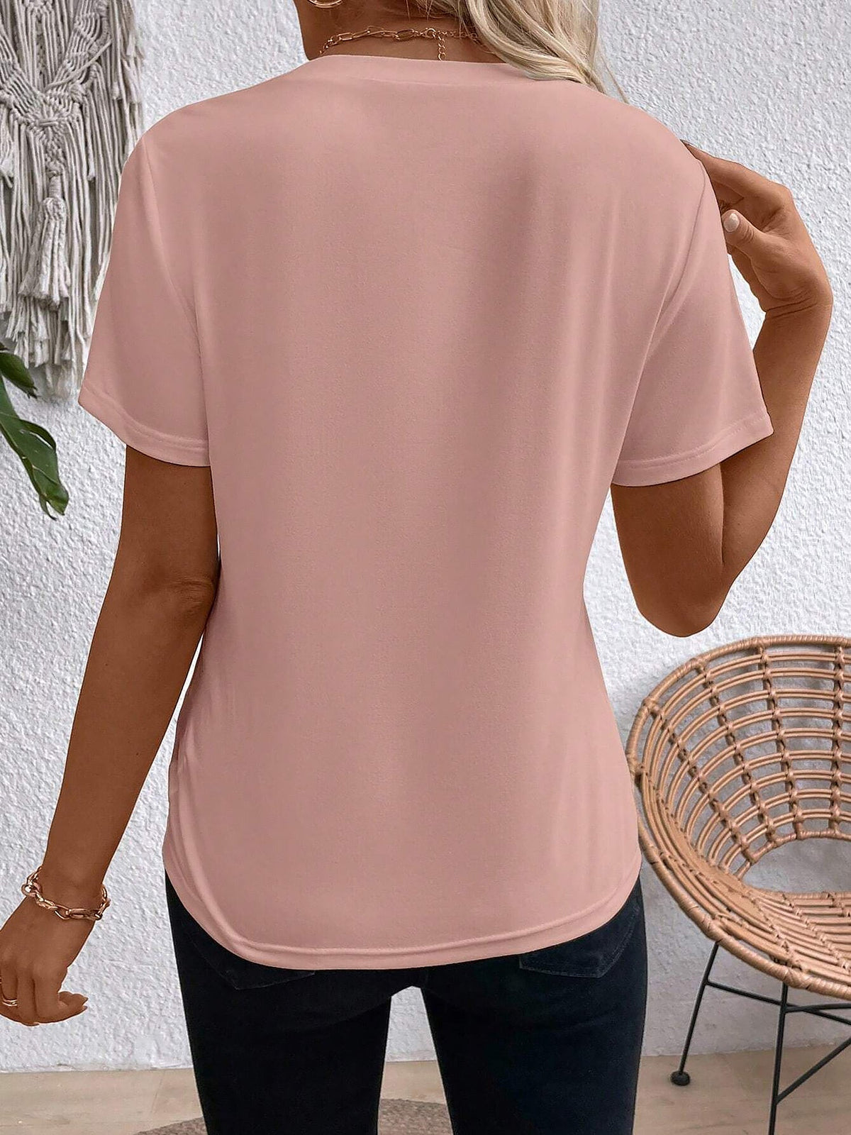Solid Color Round Neck Short Sleeve Blouse