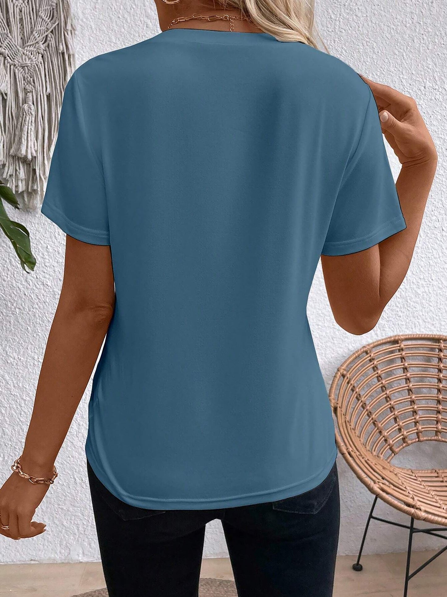Solid Color Round Neck Short Sleeve Blouse