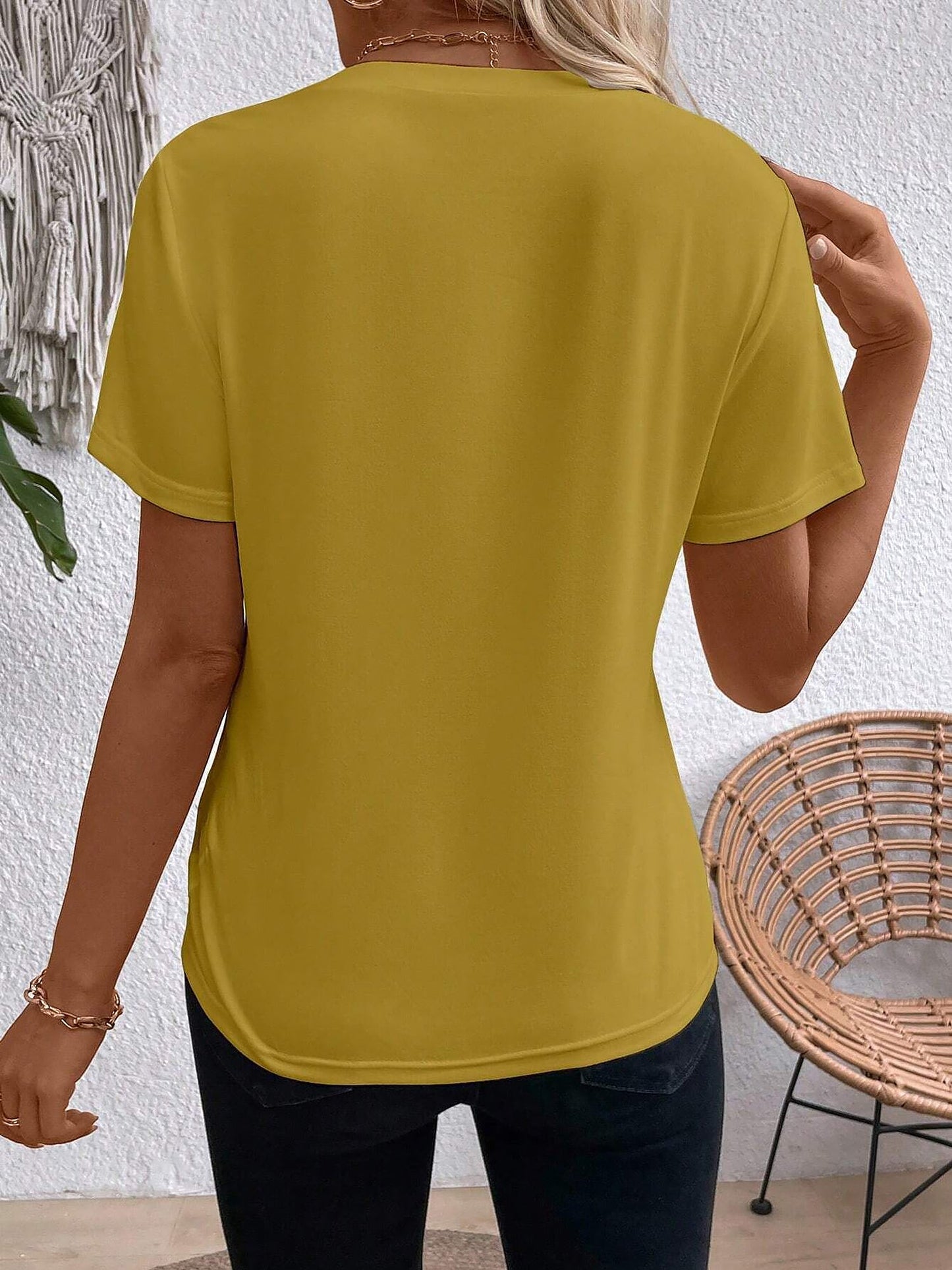 Solid Color Round Neck Short Sleeve Blouse