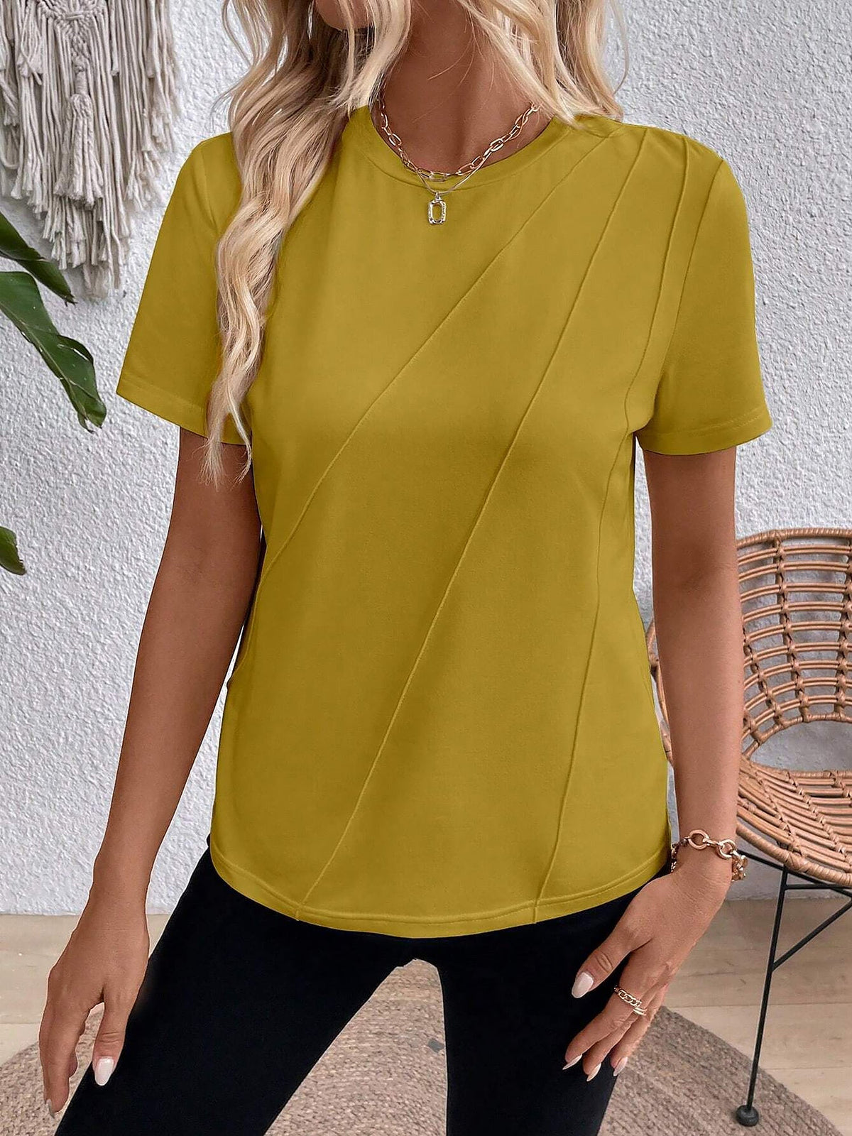 Solid Color Round Neck Short Sleeve Blouse
