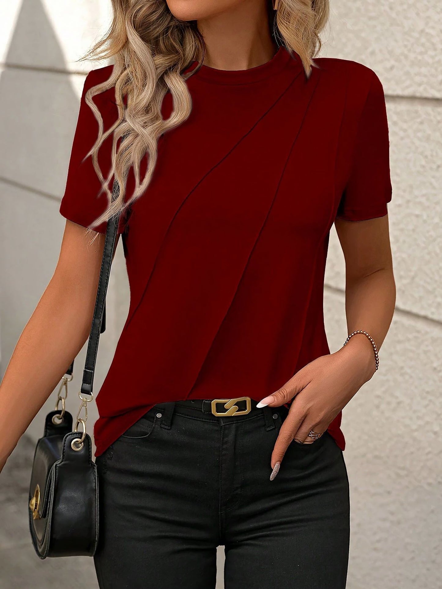 Solid Color Round Neck Short Sleeve Blouse