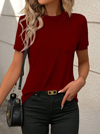 Solid Color Round Neck Short Sleeve Blouse