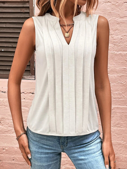 Notch Neck Sleeveless Pleated Casual Blouse